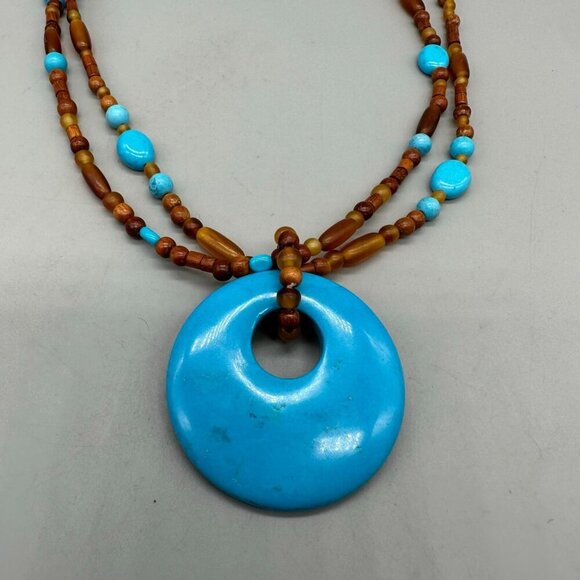 3/$30 Stone Pendant Necklace Blue Brown Beaded Natural Earthy Boho 20 in - Picture 1 of 13